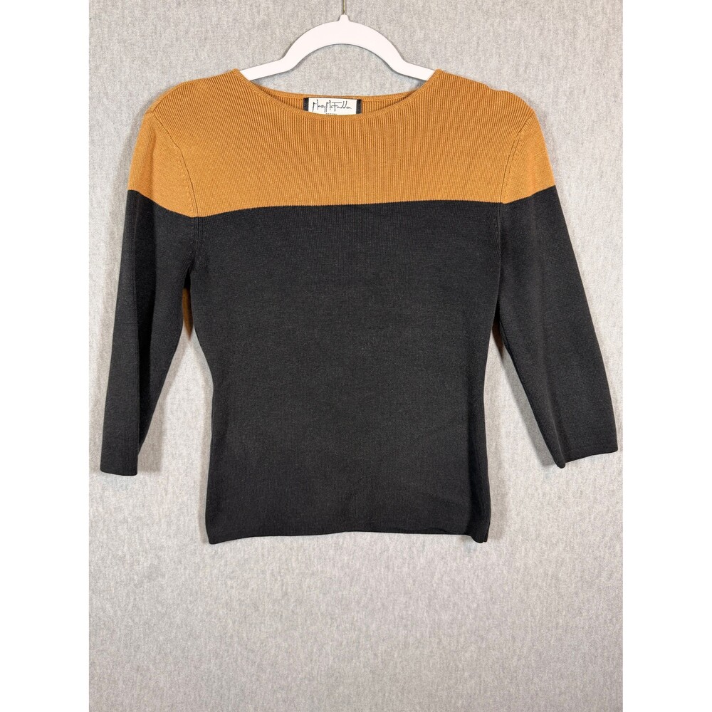 Mary McFadden Petite M Knit Top Sweater 3/4 Sleeve Color Block Cotton Blend